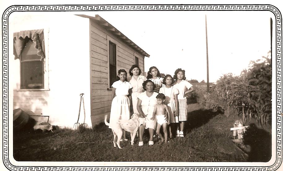Emma, Margaret, Rosie, Janie, Amelia and Rosa and baby Danny in the middle photographed in 1960 at the Vasquez family home on Bogle.